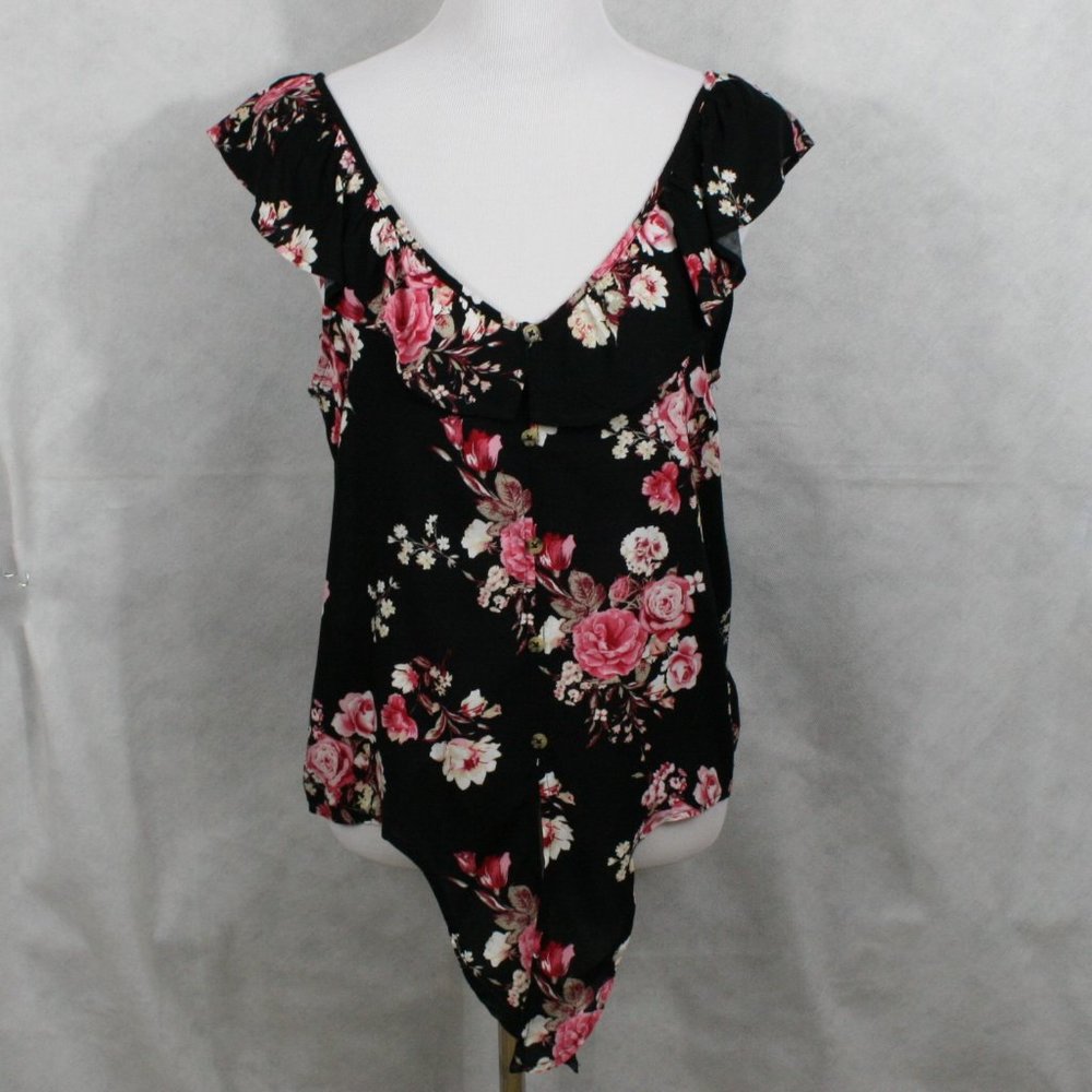 No Boundaries Multi Color Floral Rayon Blouse w/ Ruffle Collar Trim SZ M EUC - Picture 2 of 8